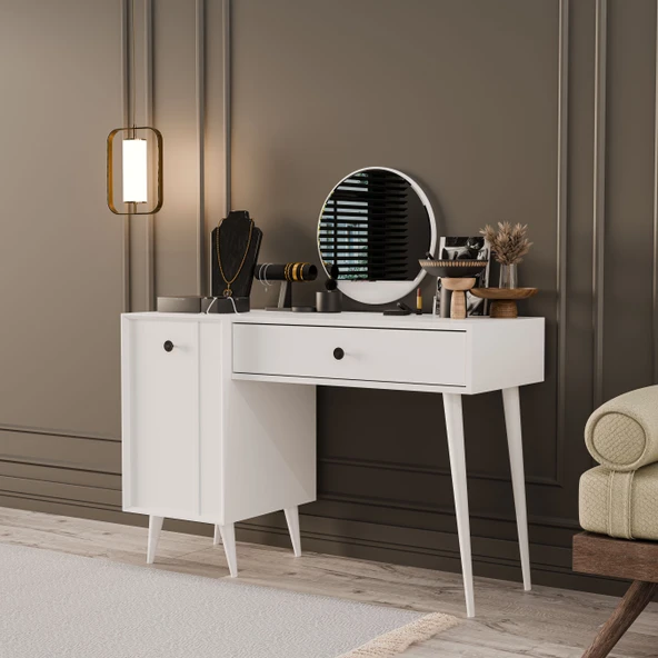2240 LOVE AYNALI (AHŞAP AYAKLI) MDF PROFİL ÇERÇEVELİ ÇEKMECELİ - KAPAKLI 120 CM MAKYAJ MASASI BEYAZ - 2