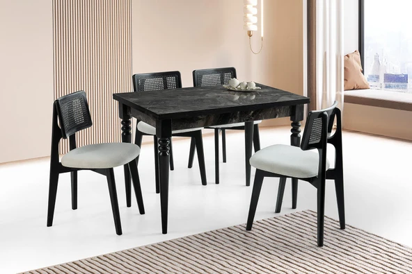 Yanlardan Açılır Smart Masa 4 Adet Kuzey Sandalye Siyah Takım