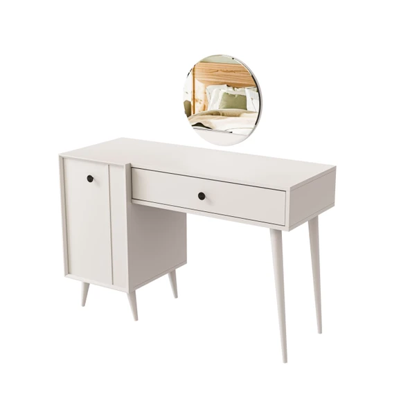 2240 LOVE AYNALI (AHŞAP AYAKLI) MDF PROFİL ÇERÇEVELİ ÇEKMECELİ - KAPAKLI 120 CM MAKYAJ MASASI BEYAZ - 6