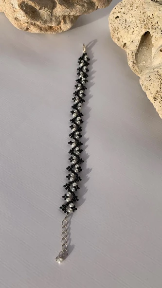 Siyah Beyaz Renkli Boncuk Zikzak Desenli Miyoki Bileklik El Yapımı Hediyelik