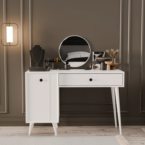 2240 LOVE AYNALI (AHŞAP AYAKLI) MDF PROFİL ÇERÇEVELİ ÇEKMECELİ - KAPAKLI 120 CM MAKYAJ MASASI BEYAZ - 3