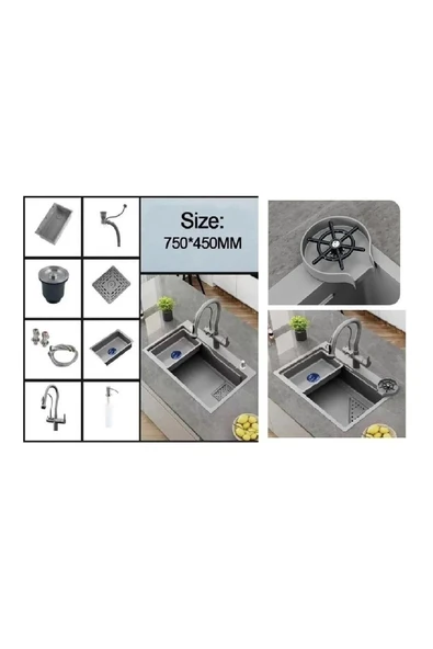 Akıllı Eviye Seti Dokunmatik Smart Gri Renk Su Arıtma Çıkışlı Şelaleli Ithal 7 Yıl Garanti 75x46cm - 7