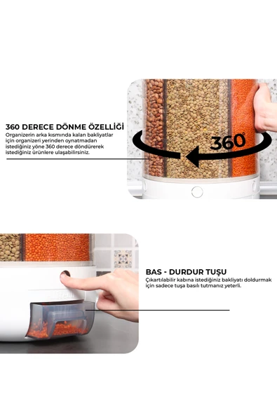 10 Kg Kapasiteli Gıda Ve Bakliyat, Organizeri 360 Derece Dönebilen, Baharat Kaşığı Ve Nihale Hediye - 4