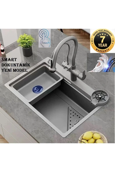 Akıllı Eviye Seti Dokunmatik Smart Gri Renk Su Arıtma Çıkışlı Şelaleli Ithal 7 Yıl Garanti 75x46cm - 1