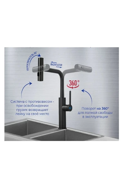 Mutfak Eviye Bataryası Duş Şelale 3 Fonksiyonlu Spiralli Mat Siyah Ithal 7 Yıl Garantili - Resim 6