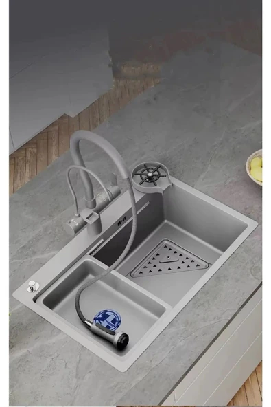 Akıllı Eviye Seti Dokunmatik Smart Gri Renk Su Arıtma Çıkışlı Şelaleli Ithal 7 Yıl Garanti 75x46cm - 3