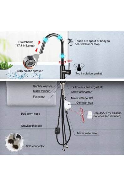 Smart Dokunmaik Mutfak Evye Bataryası Siyah Renk Spiralli Fiskiyeli Yeni Ithal 7 Yıl Garantili - Resim 5