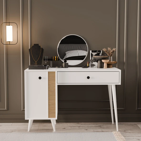 2242 LOVE AYNALI(AHŞAP AYAKLI)MDF PROFİL ÇERÇEVELİ ÇEKMECELİ KAPAKLI 120CM MAKYAJ MASASI BEYAZ-YUNUS - 4