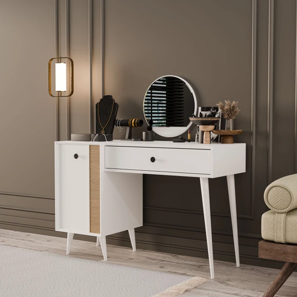 2242 LOVE AYNALI(AHŞAP AYAKLI)MDF PROFİL ÇERÇEVELİ ÇEKMECELİ KAPAKLI 120CM MAKYAJ MASASI BEYAZ-YUNUS - 3
