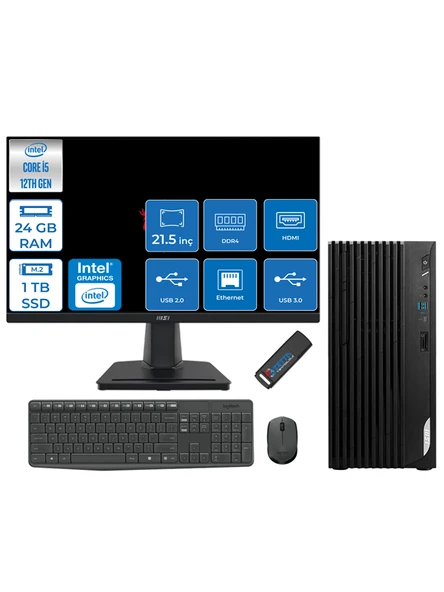 MSI Pro DP180 Intel Core I5 12400 24GB 1tb SSD Intel UHD Grafik 21.5" Monitör Windows 11 Home Masaüstü Bilgisayar MON21422XTRH05 + Zettausbbellek
