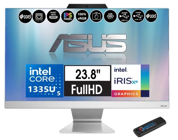 Asus A3402 Intel Core I5 1335U 32GB Ddr5 2tb SSD Fhd 23.8" IPS 100Hz Freedos All In One Bilgisayar A3402WBAK 58512W0DF09+ZETTAUSBBELLEK