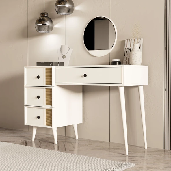 2252 ROSE AYNALI (AHŞAP AYAKLI)MDF PROFİL ÇERÇEVELİ 4 ÇEKMECELİ 120 CM MAKYAJ MASASI BEYAZ-YUNUS - 2