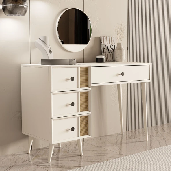 2252 ROSE AYNALI (AHŞAP AYAKLI)MDF PROFİL ÇERÇEVELİ 4 ÇEKMECELİ 120 CM MAKYAJ MASASI BEYAZ-YUNUS - 5