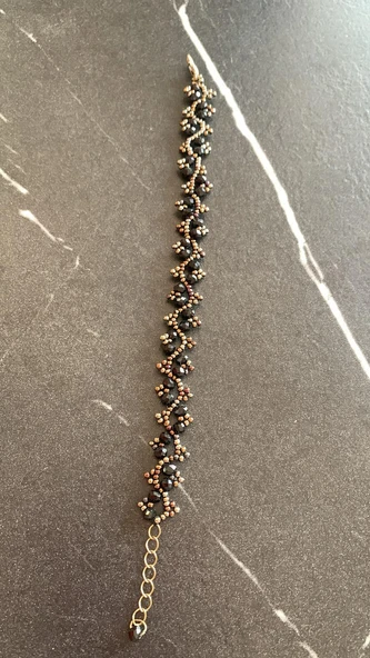 Siyah Ve Antik Sarı Renkli Boncuk Zikzak Desenli Miyoki Bileklik El Yapımı Hediyelik - 6