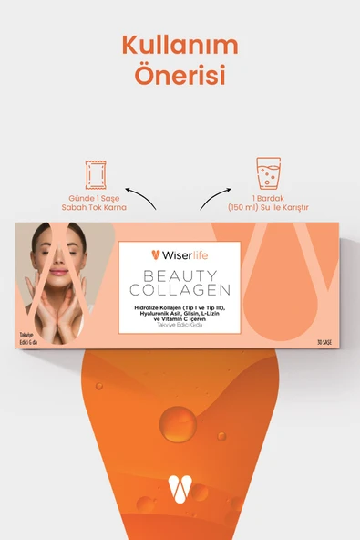 Wiserlife Beauty Collagen Hidrolize Kolajen Tip I-III Hyaluronik Asit Glisin L-Lizin ve Vitamin C İçeren Takviye Edici Gıda 30 Saşe 2 ADET - Resim 4