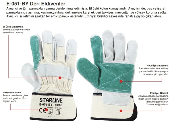 5 Çift  Takviyeli Deri Eldiven Starline E-051-By 10 XL Beden - 3