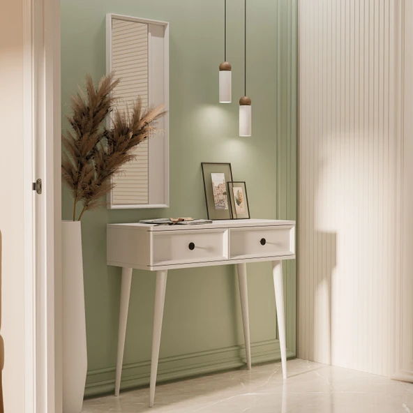 6020 LUNA (AHŞAP AYAKLI) MDF PROFİL ÇERÇEVELİ 2 ÇEKMECELİ AYNALI DRESUAR BEYAZ - 4