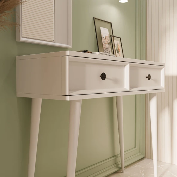 6020 LUNA (AHŞAP AYAKLI) MDF PROFİL ÇERÇEVELİ 2 ÇEKMECELİ AYNALI DRESUAR BEYAZ - 6
