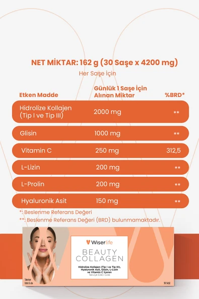 Wiserlife Beauty Collagen Hidrolize Kolajen Tip I-III Hyaluronik Asit Glisin L-Lizin ve Vitamin C İçeren Takviye Edici Gıda 30 Saşe 2 ADET - Resim 6