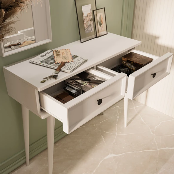 6020 LUNA (AHŞAP AYAKLI) MDF PROFİL ÇERÇEVELİ 2 ÇEKMECELİ AYNALI DRESUAR BEYAZ - 7