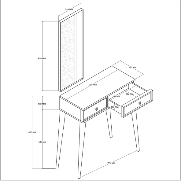 6020 LUNA (AHŞAP AYAKLI) MDF PROFİL ÇERÇEVELİ 2 ÇEKMECELİ AYNALI DRESUAR BEYAZ - 2
