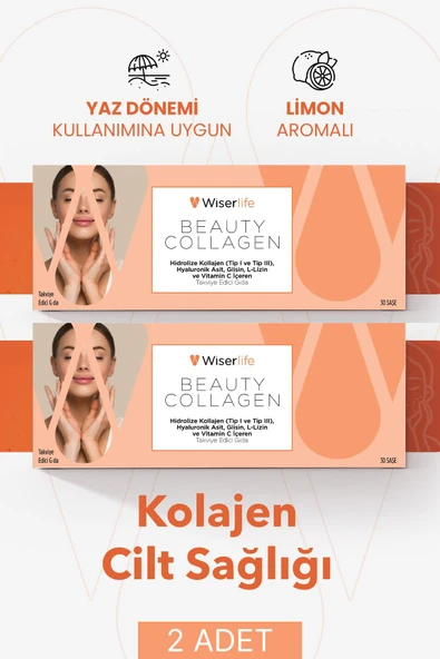 Wiserlife Beauty Collagen Hidrolize Kolajen Tip I-III Hyaluronik Asit Glisin L-Lizin ve Vitamin C İçeren Takviye Edici Gıda 30 Saşe 2 ADET