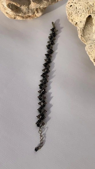 Siyah Ve Antik Sarı Renkli Boncuk Zikzak Desenli Miyoki Bileklik El Yapımı Hediyelik - 8