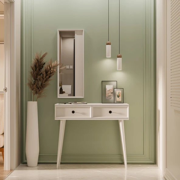 6020 LUNA (AHŞAP AYAKLI) MDF PROFİL ÇERÇEVELİ 2 ÇEKMECELİ AYNALI DRESUAR BEYAZ - 3