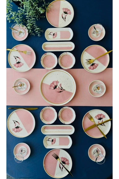 QUEEN  Poppy Model 6 Kişilik 21 Parça Tea Plate Kahvaltı Takımı Pink