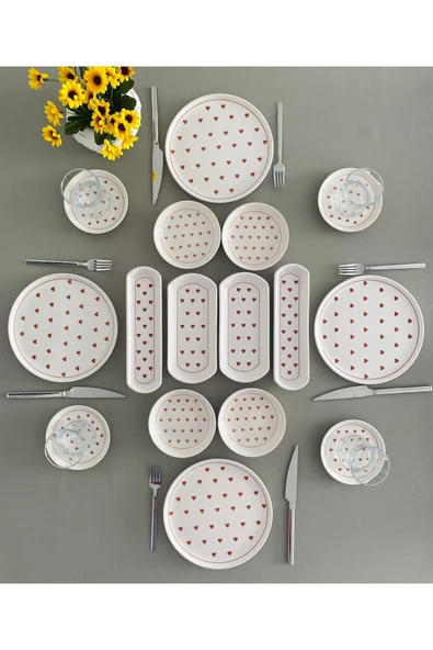 QUEEN  Love 4 Kişilik 16 Parça Kırmızı Kalp Model kahvaltı Takımı