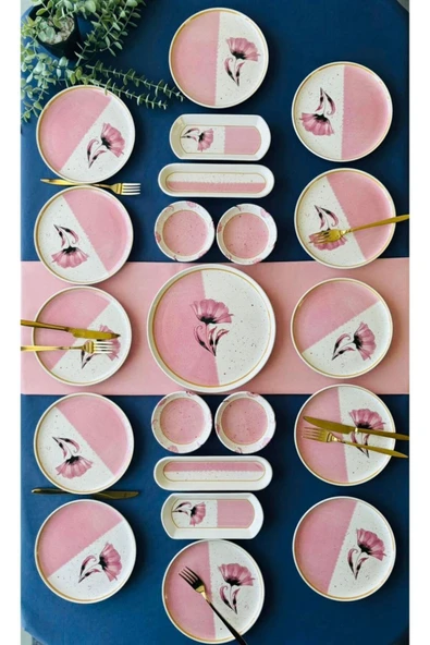 QUEEN  Poppy Model 12 Kişilik 21 Parça Kahvaltı Takımı (Pink)