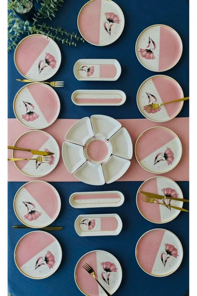 QUEEN  Poppy Model 12 Kişilik 23 Parça Kahvaltı Takımı (Pink)