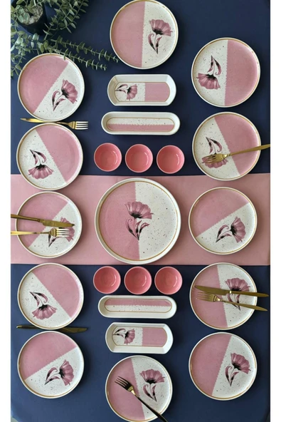 QUEEN  Poppy Model 12 Kişilik 23 Parça With Saucer Kahvaltı Takımı (Pink) - 4