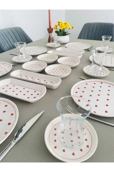 QUEEN  Love 6 Kişilik 20 Parça Kırmızı Kalp Model Kahvaltı Takımı - Resim 4
