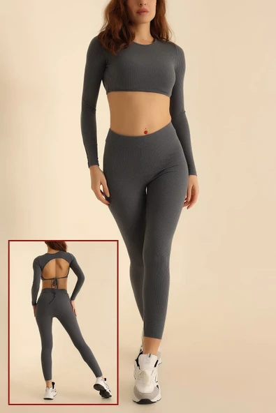 FÜME RENGİ TAYT BLUZ BÜRÜMCÜK İKİLİ TAKIM