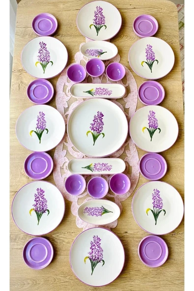 QUEEN  Hyacinth Pattern 8 Kişilik 27 Parça Tea Plate Lilac Kahvaltı Takımı