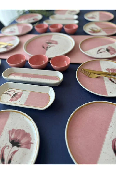QUEEN  Poppy Model 12 Kişilik 23 Parça With Saucer Kahvaltı Takımı (Pink) - 2
