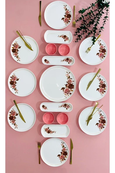 QUEEN  Pink Rose Model 8 Kişilik 17 Parça Kahvaltı Takımı
