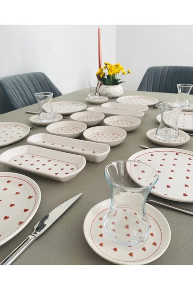 QUEEN  Love 6 Kişilik 20 Parça Kırmızı Kalp Model Kahvaltı Takımı - Resim 3