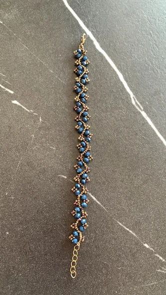 Koyu Mavi Ve Antik Sarı Renkli Boncuk Zikzak Desenli Miyoki Bileklik El Yapımı Hediyelik - 4