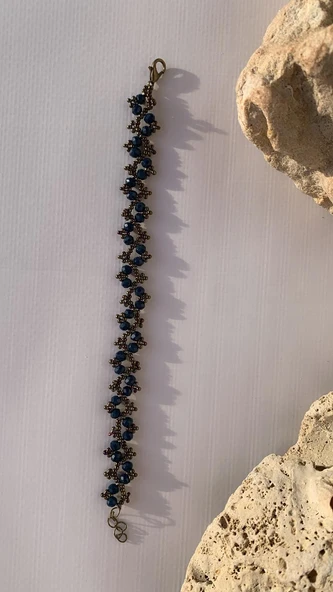 Koyu Mavi Ve Antik Sarı Renkli Boncuk Zikzak Desenli Miyoki Bileklik El Yapımı Hediyelik - 5