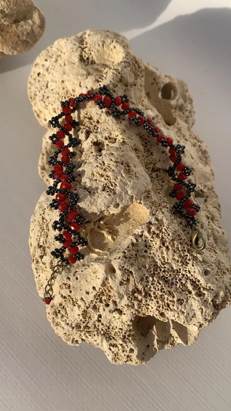 Kırmızı Ve Füme Renkli Boncuk Zikzak Desenli Miyoki Bileklik El Yapımı Hediyelik - 2