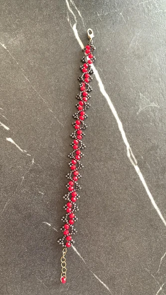 Kırmızı Ve Füme Renkli Boncuk Zikzak Desenli Miyoki Bileklik El Yapımı Hediyelik - 8