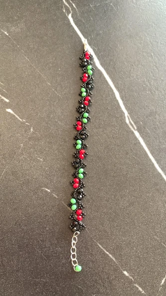 Yeşil Kırmızı Ve Siyah Renkli Boncuk Zikzak Desenli Miyoki Bileklik El Yapımı Hediyelik - 6