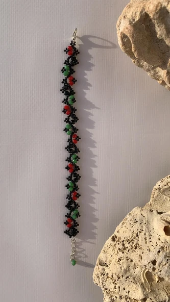 Yeşil Kırmızı Ve Siyah Renkli Boncuk Zikzak Desenli Miyoki Bileklik El Yapımı Hediyelik - 3