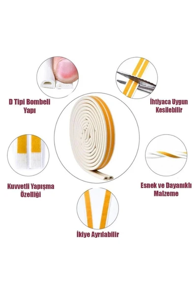 Yapışkanlı 5x2=10 Metre (BEYAZ) Kapı Pencere Bandı Fitili Soğuk Izolasyon Kauçuk Bantları - 2