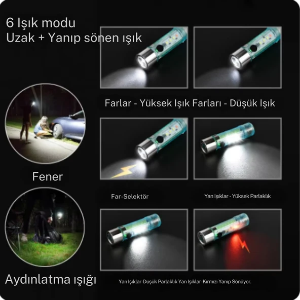 2500 lümen 7 farklı ışık şiddetine sahip kancalı flaşörlü ultra güçlü mini cep el feneri - 4