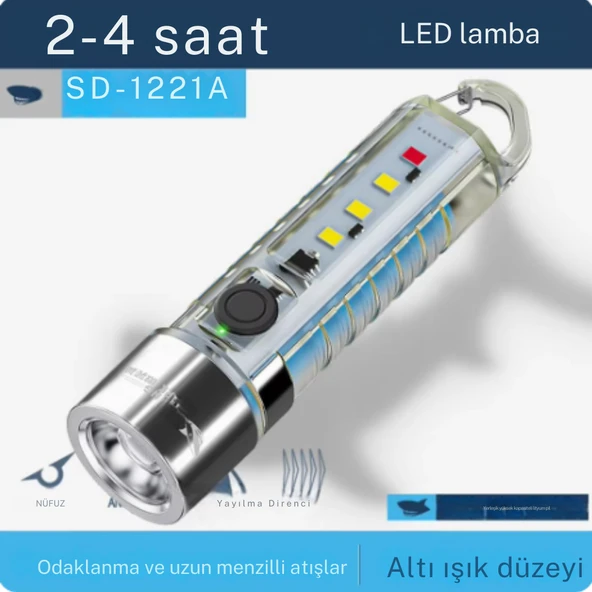 2500 lümen 7 farklı ışık şiddetine sahip kancalı flaşörlü ultra güçlü mini cep el feneri - 7