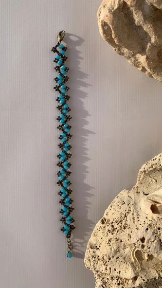 Mavi Ve Antik Sarı Renkli Zikzak Desenli Miyoki Boncuk Bileklik El Yapımı Hediyelik - 3