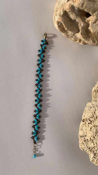 Mavi Ve Antik Sarı Renkli Zikzak Desenli Miyoki Boncuk Bileklik El Yapımı Hediyelik - 5